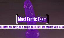 She pushes her pussy on a purple dildo until she squirts
