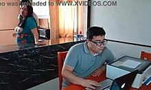 My cuckold husband works while my stepson fucks me in the kitchen