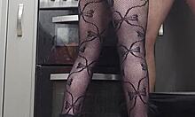 kitchen handjob with big ass fishnets