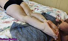 Curious goddess shows foot worship and cum lick