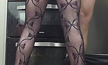 kitchen handjob with big ass fishnets