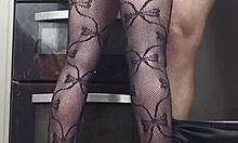 kitchen handjob with big ass fishnets