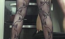 kitchen handjob with big ass fishnets