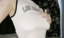 Blonde shows natural boobs up close
