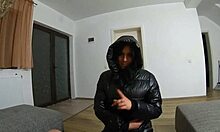 Preview cum play on my new long black shiny and puffy jacket