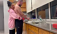 My roommate gives handjob while cleaning countertop
