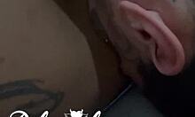 I smell my girlfriend's pussy before licking her natural tits.