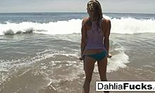 Dahlia Sky, a blonde teen pornstar, teases her pussy, tits, and ass in a solo scene