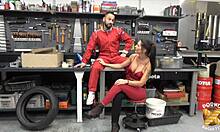 Aurrora the naughty saleswoman loves handling two hard cocks