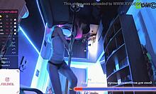 Blonde Alice dances on a pylon and spreads her tattooed legs