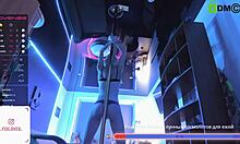 Blonde Alice dances on a pylon and spreads her tattooed legs