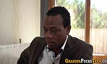 Teen Rides Senior's Cock in Interracial Encounter