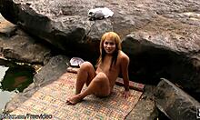 redhead ladyboy flaunts tiny tits and jerks small cock