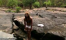 redhead ladyboy flaunts tiny tits and jerks small cock