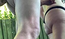 Naughty amateur wife neighbors outdoor handjob with huge tits cumshot