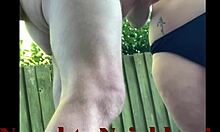 Naughty amateur wife neighbors outdoor handjob with huge tits cumshot