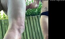 Naughty amateur wife neighbors outdoor handjob with huge tits cumshot