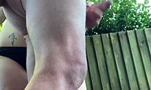 Naughty amateur wife neighbors outdoor handjob with huge tits cumshot