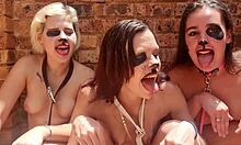 Three drooling sluts spit outside with pierced tongues