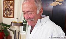 Latina brunette in intense threesome gets handjob and blowjob from old man, cumshot climax