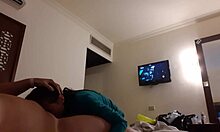 Brunette lesbian friend dives muff in hotel room orgasm!