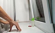 Young gay jerks big dick, cums on sweet feet into condom 😏