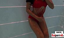 asian european couple horny after pool fun with blowjob and muff diving