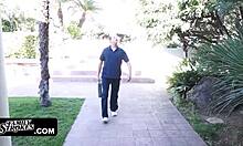 horny blonde teen 18+ with big tits takes monster cock in petite pussy on summer day