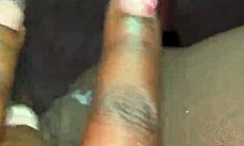 Ebony creampie slut receives interracial jizz in shaved pussy