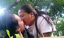 Latina Milf Kisses Colombian Lesbian Outdoors In Homemade Scene