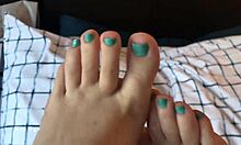 In Bed with Bare Feet and Blue Pedicure Tease