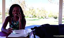 this ebony babe sucks cock with expert precision in group action