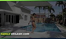 Stalker uncle approaches sunbathing stepniece at poolside