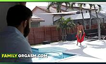 Stalker uncle approaches sunbathing stepniece at poolside