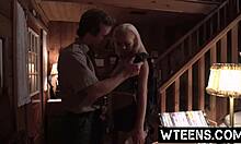 Blonde's Shaved Pussy Banged in Bent Over, Missionary, and Doggystyle Positions