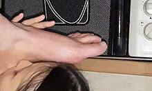 Homemade lesbian foot fetish licking. Girls reach orgasm and cum.