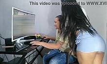 Teaching friend computer games leads to horny lesbian play
