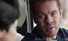 A real pornstar bends over for doggystyle with a monster cock, receiving a facial.