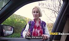 Blonde hitchhiker flashes boobs for a ride in public