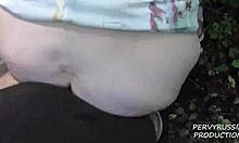 redhead caught giving blowjob in woods, bent over for public sex