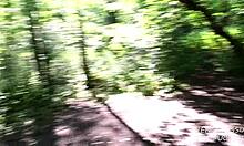 redhead caught giving blowjob in woods, bent over for public sex