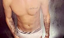 Brazilian twink feels aroused stripping naked in shower after TikTok fame. Natural tits on display.