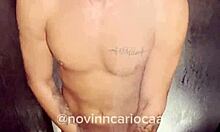 Brazilian twink feels aroused stripping naked in shower after TikTok fame. Natural tits on display.