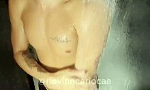 Brazilian twink feels aroused stripping naked in shower after TikTok fame. Natural tits on display.