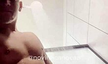 Brazilian twink feels aroused stripping naked in shower after TikTok fame. Natural tits on display.