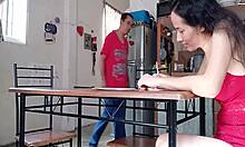 Sexy Latina Pauses Task for Deep Cum Swallow