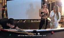 A threesome unfolds with two fiery latinas on the pool table