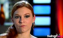 Check out this freckles redhead slim chick in a sensual orgy party with friends!