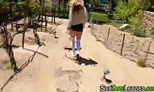 Real stockings lesbian taste with petite blonde teen