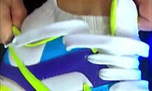 blonde teen girlfriend in nike air sneakers for foot fetish session at home